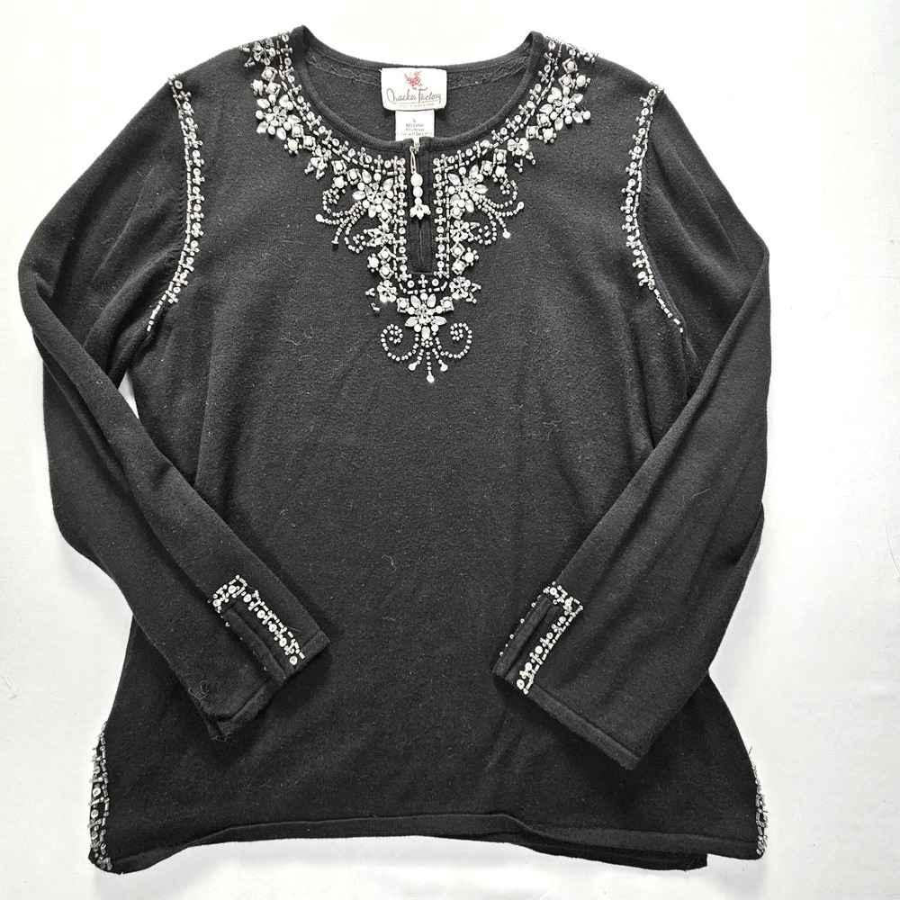 Quacker Factory Womens Black Beaded Sequin Zip Neck Sweater Large Pearl Tassel